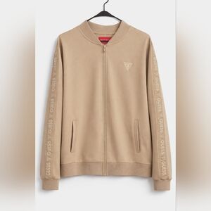 Guess Beige Zip Up Jacket Logo Sleeve Stretch Lightweight Size XL
